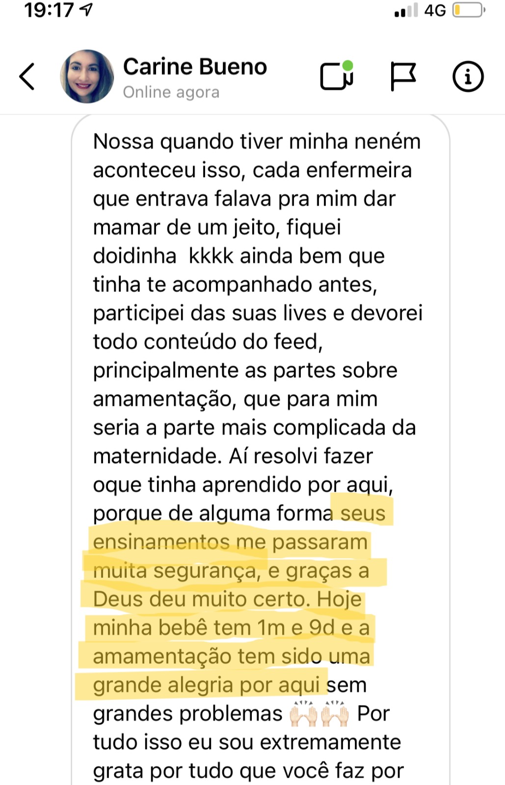 Print de conversa de WhatsApp de Carine sobre a experiência com o Domine a Amamentação