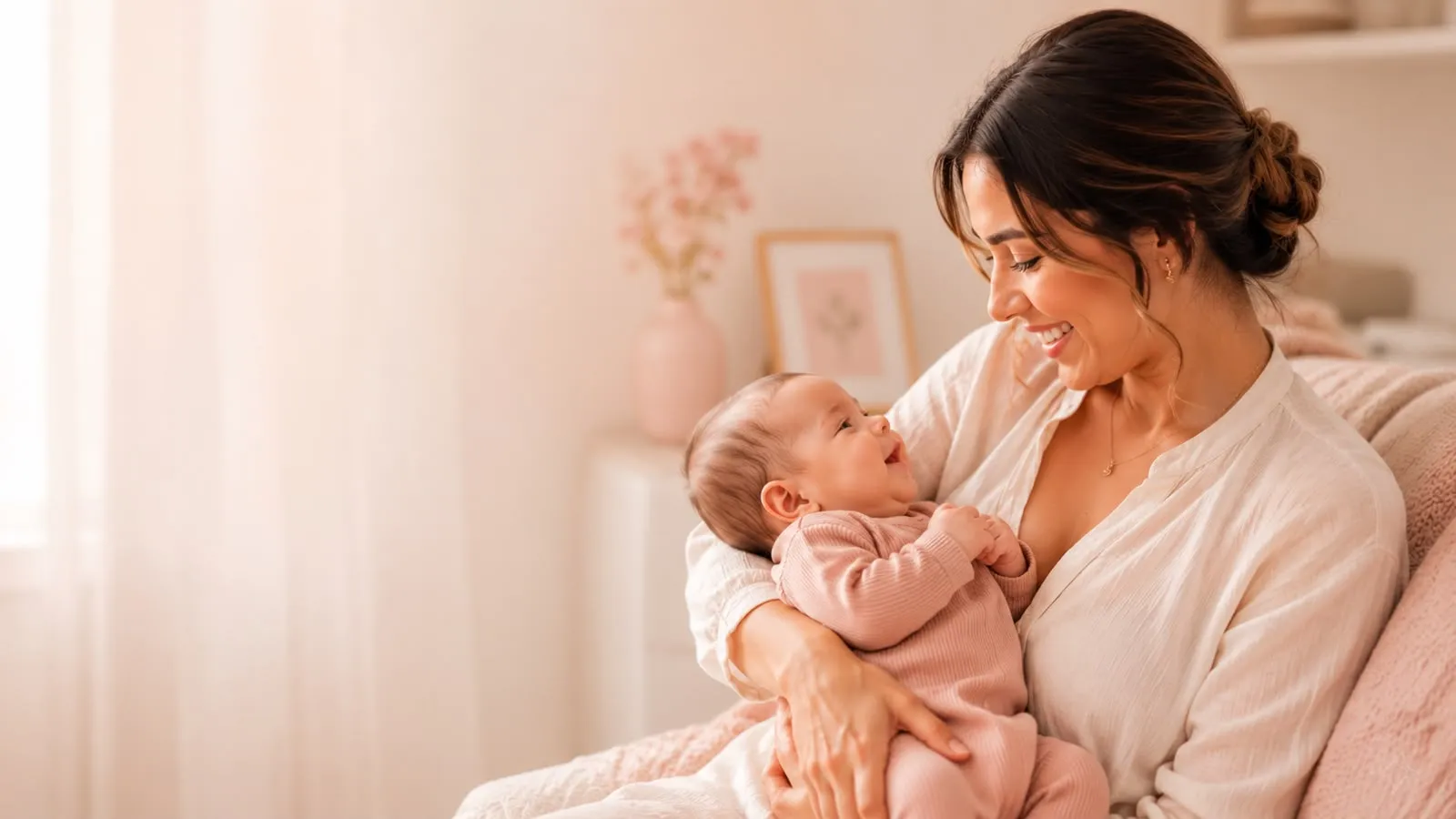Mãe sorrindo segurando bebê recém-nascido
